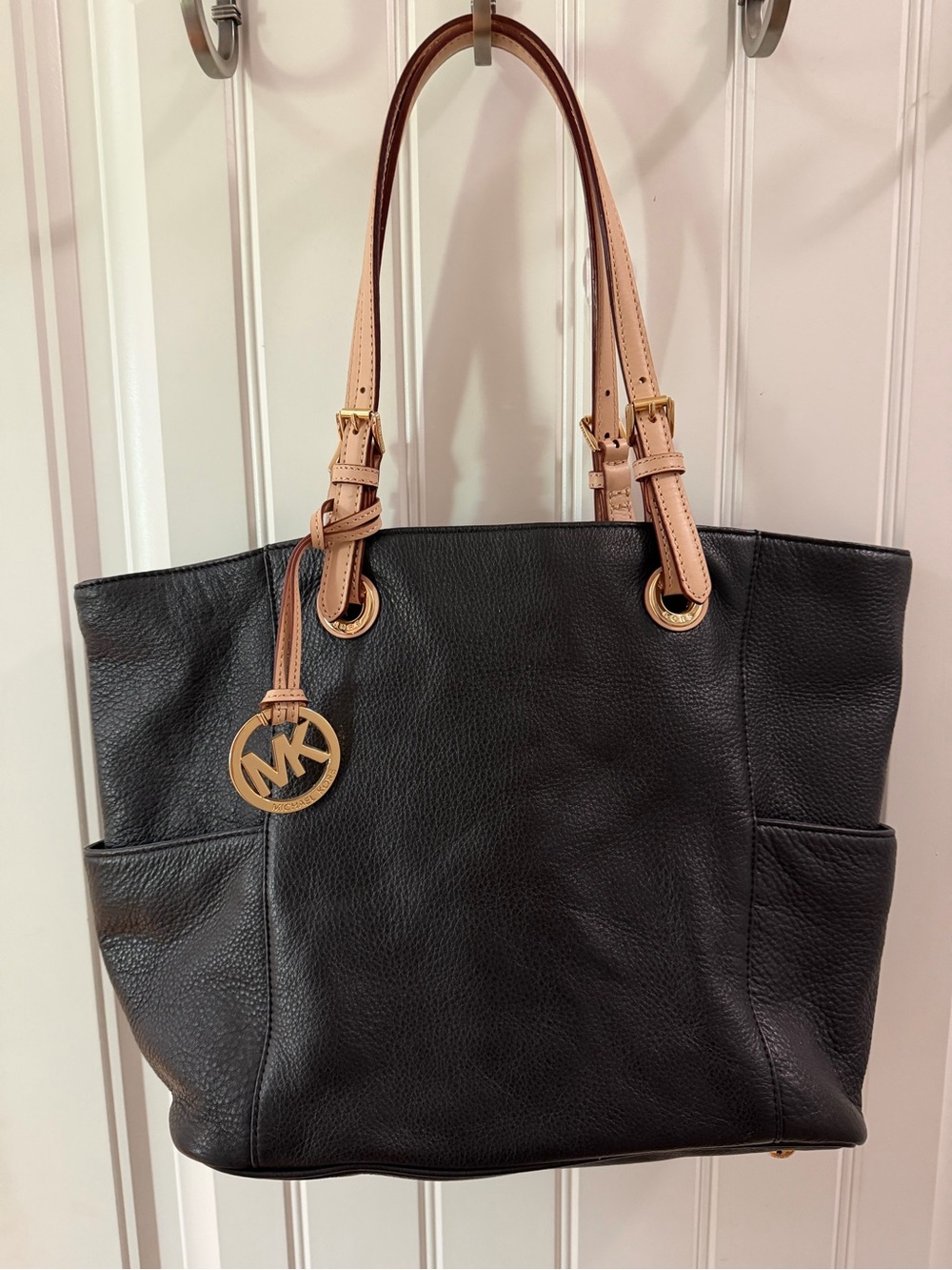 Michael Kors Black Leather Tote with Beige Handles